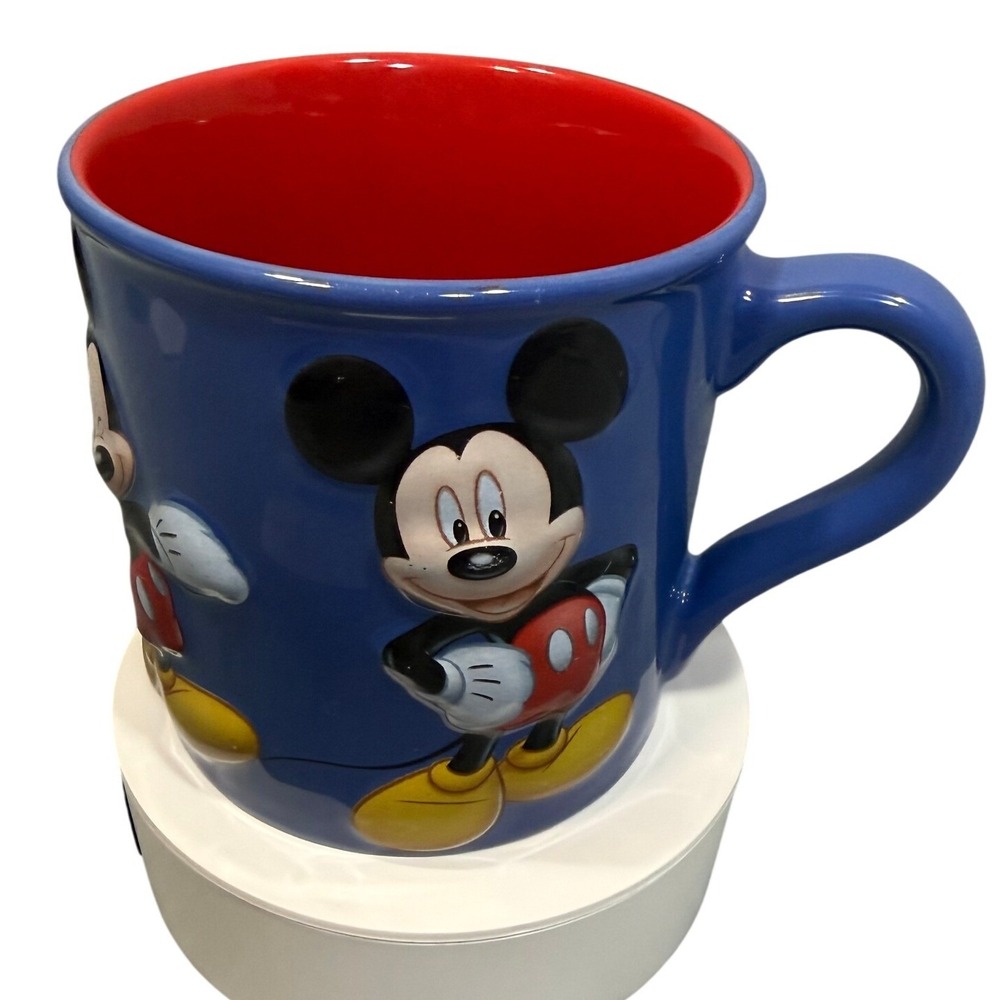 Disney Store Mickey Mouse Blue Mug Red 3D Raised Design Ceramic Coffee Cup
